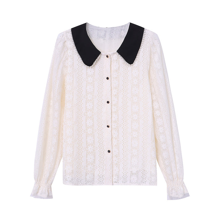 Damen elegante Bluse mit Spitzenkragen und dekorativen Knopfdetails Drune