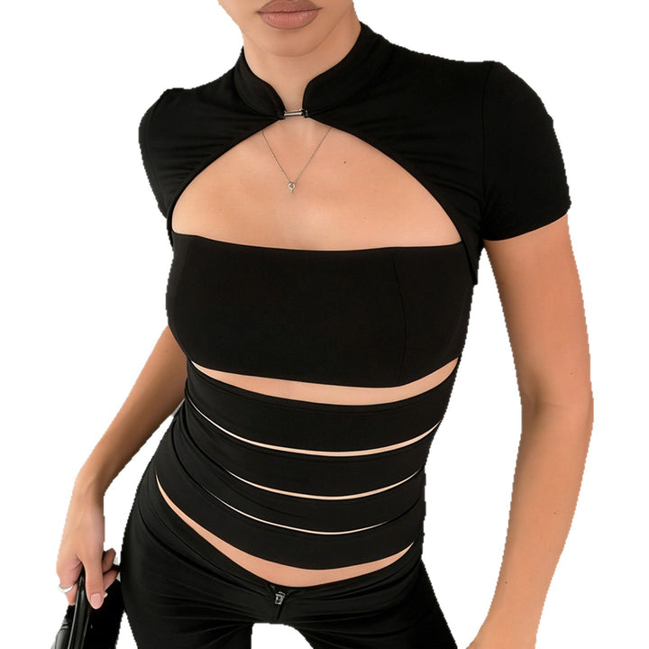 Damen Cropped Blusenshirt aus strapazierfähigem Stretchmaterial mit elegantem Stehkragen Drune