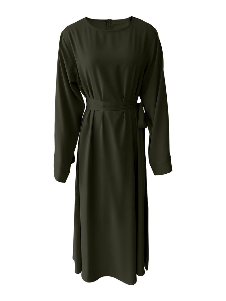 Damen Midi-Kleid mit elegantem Taillengürtel und langen Ärmeln Drune