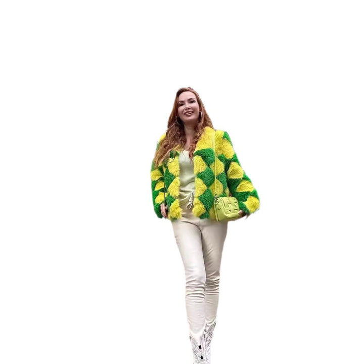 Damen auffällige Kunstpelzjacke mit innovativem Karomuster und kurzem Schnitt Drune