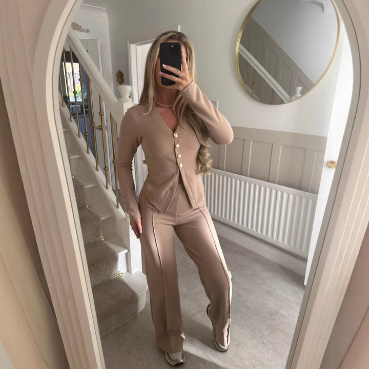 Damen elegantes Zweiteiler-Set mit Knöpfen Drune