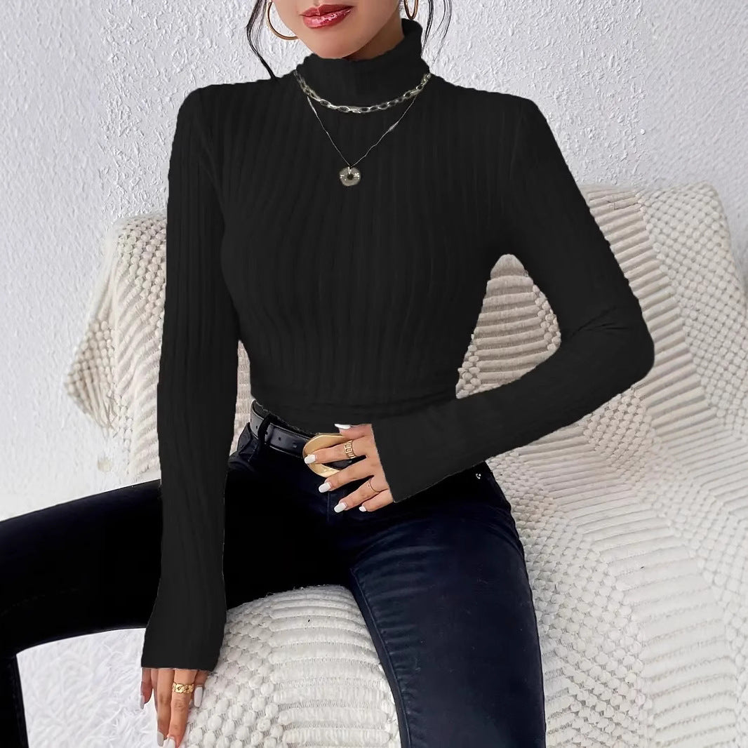 Damen elegantes Rippstrick-Oberteil mit hohem Kragen und längerem Schnitt Drune