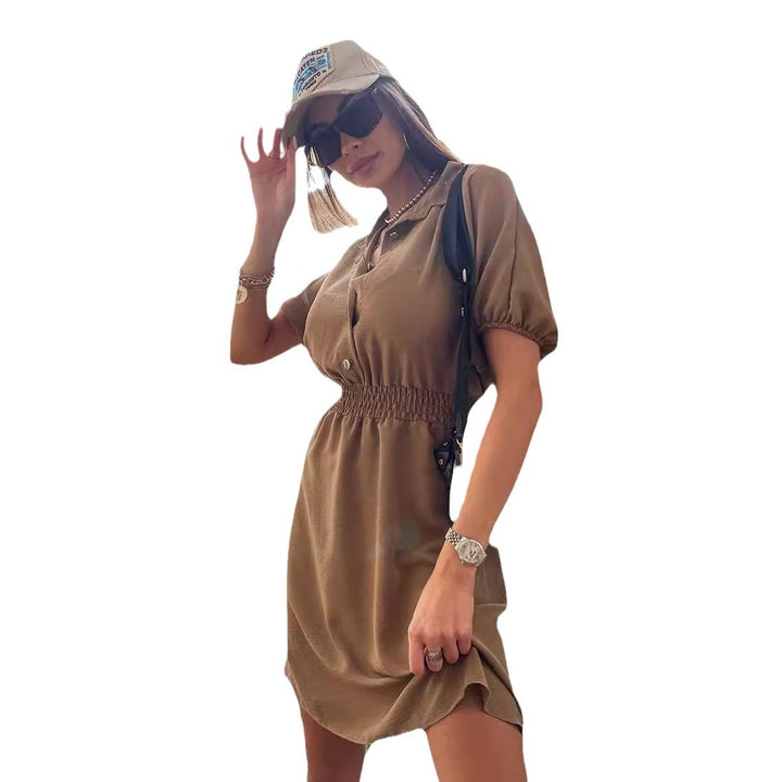 Damen lässiges Kurzarmkleid mit elastischem Gummizug in der Taille und elegantem Kragen Drune