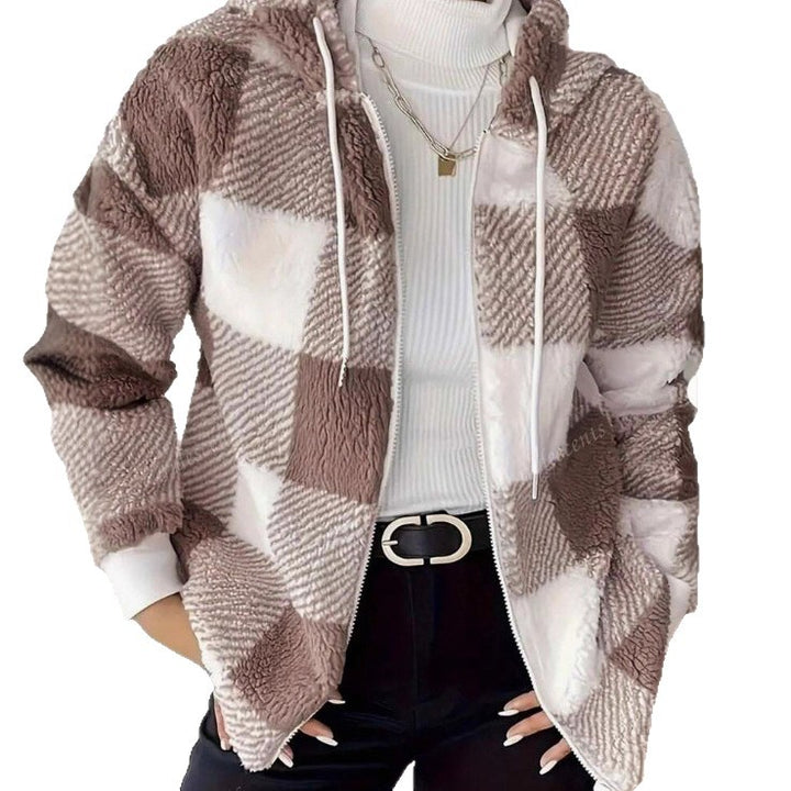 Damen Übergangsjacke aus weichem Teddy-Material mit Karo-Muster Drune