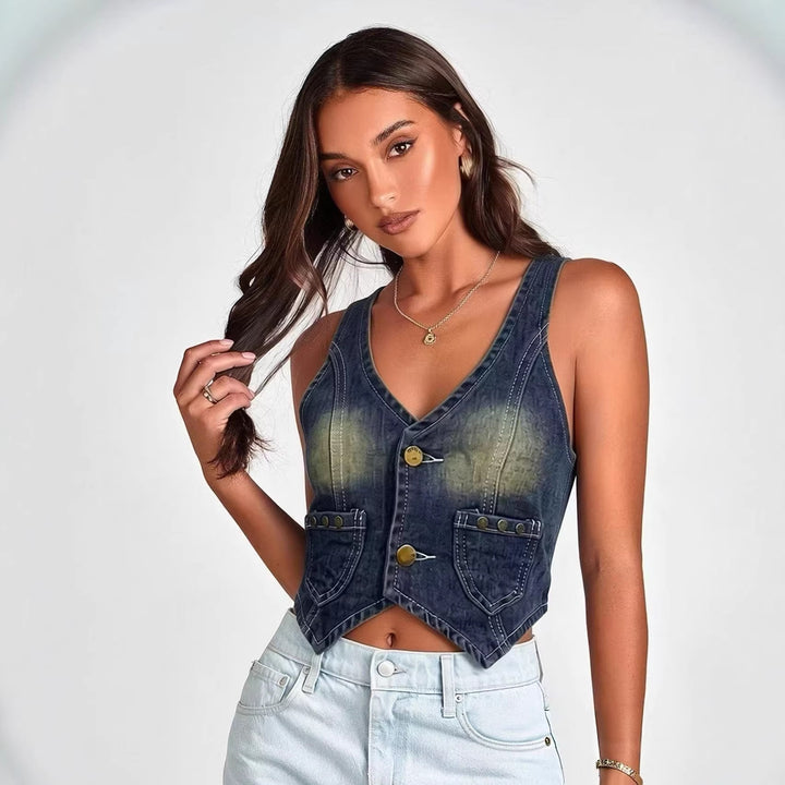 Damen Denim Bustier-Jacke mit Knopfdetails und aufgesetzten Taschen Drune