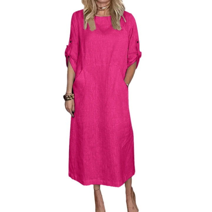 Damen lässiges Leinenkleid mit praktischen Taschen und modischen Knopfdetails Drune