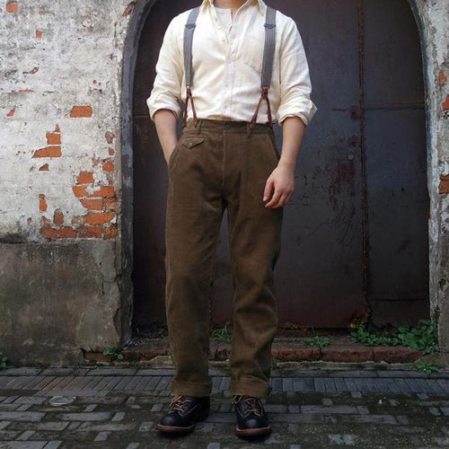 Herren Hochwertige Bundfaltenhose mit verstellbaren Hosenträgern Drune