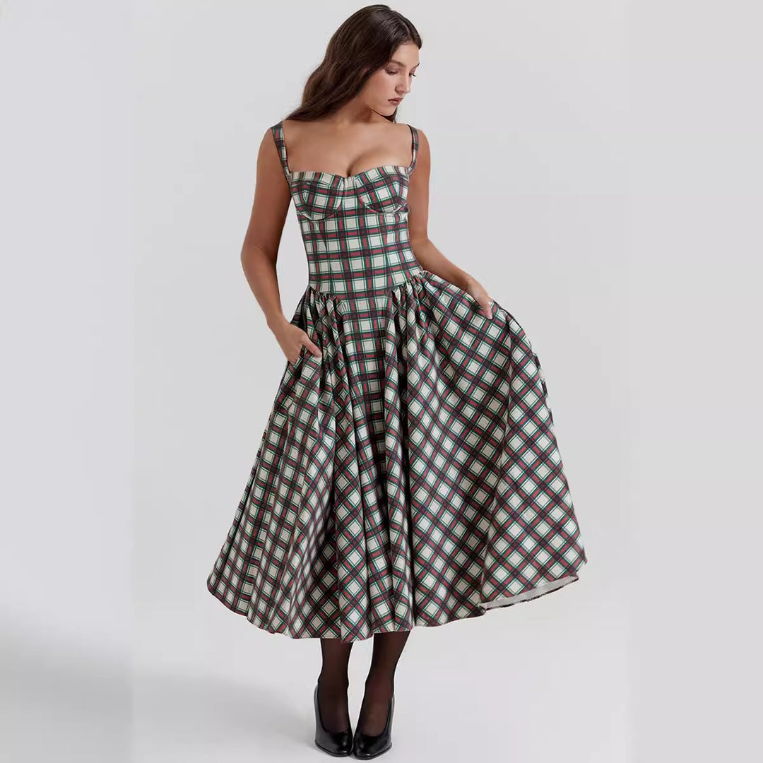 Damen Midikleid im Karomuster mit strukturiertem Oberteil und voluminösem Rock Drune
