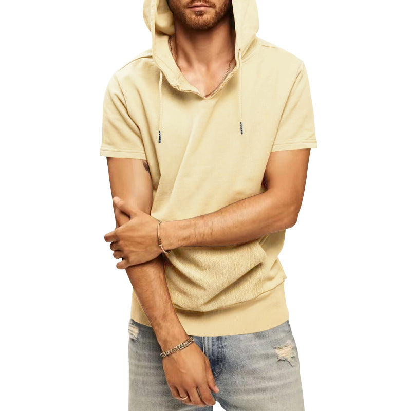 Herren nan lässiges kurzärmeliges Kapuzen-Shirt im weiten Schnitt mit Kängurutasche und Kordelzug Drune