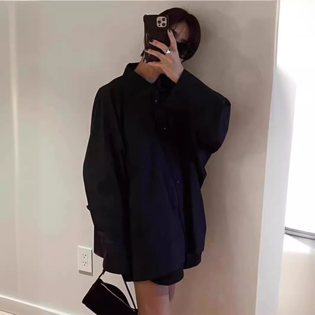 Damen Oversized-Hemdbluse mit klassischem Kragen und seitlicher Tasche Drune