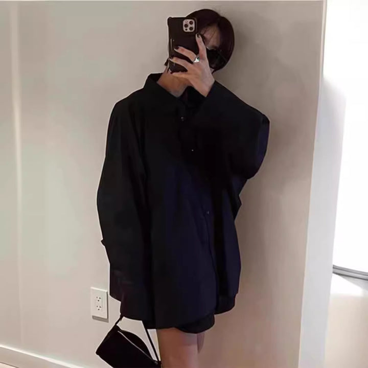 Damen Oversized-Hemdbluse mit klassischem Kragen und seitlicher Tasche Drune