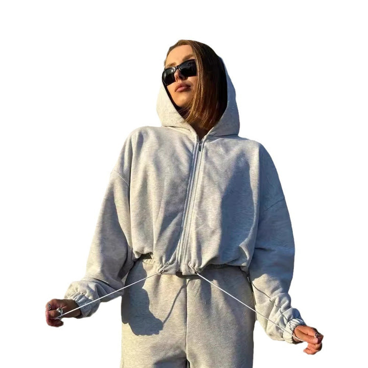 Damen lässiger Kapuzenpullover mit kurzem Schnitt und elastischem Bund Drune