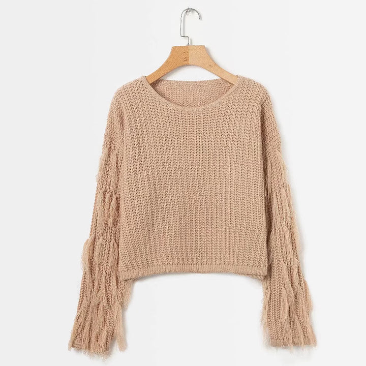 Damen Grobstrickpullover mit fransigen Ärmeln Drune