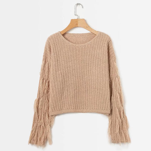 Damen Grobstrickpullover mit fransigen Ärmeln Drune