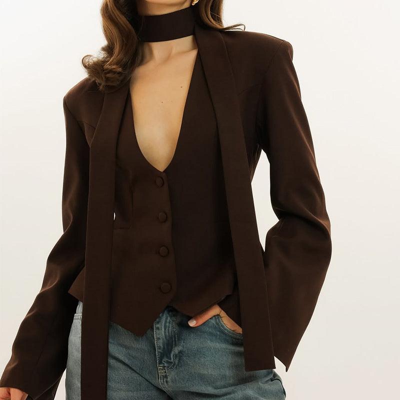 Damen taillierte Blazer-Top mit schmalem Kragen Drune