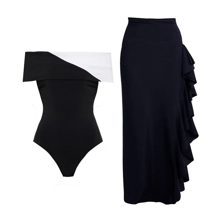 Damen eleganter Einteiler mit raffiniertem Transparentstreifen und voluminösem Maxi-Rock Drune