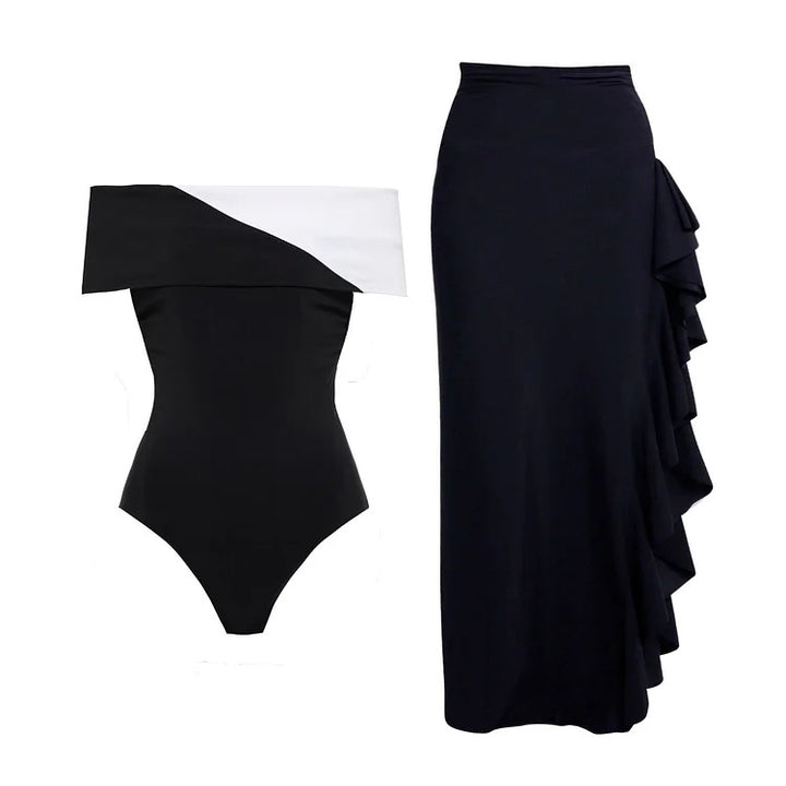 Damen eleganter Einteiler mit raffiniertem Transparentstreifen und voluminösem Maxi-Rock Drune