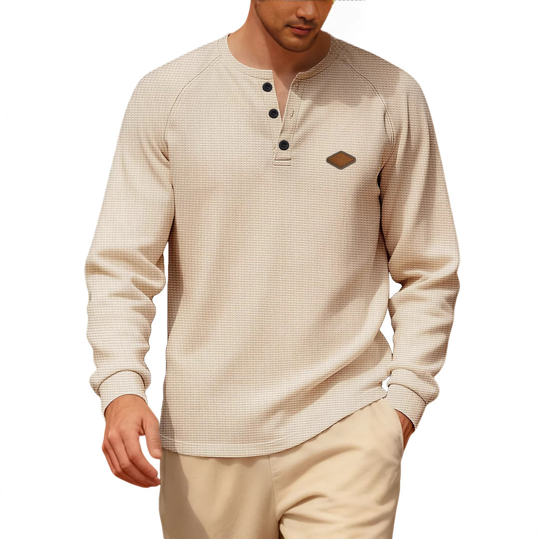 Herren nan Waffelstrick-Henley Langarmshirt mit Raglanärmeln, Halbknopfleiste und Lederlabel Drune