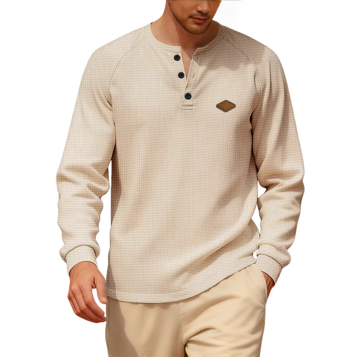 Herren nan Waffelstrick-Henley Langarmshirt mit Raglanärmeln, Halbknopfleiste und Lederlabel Drune