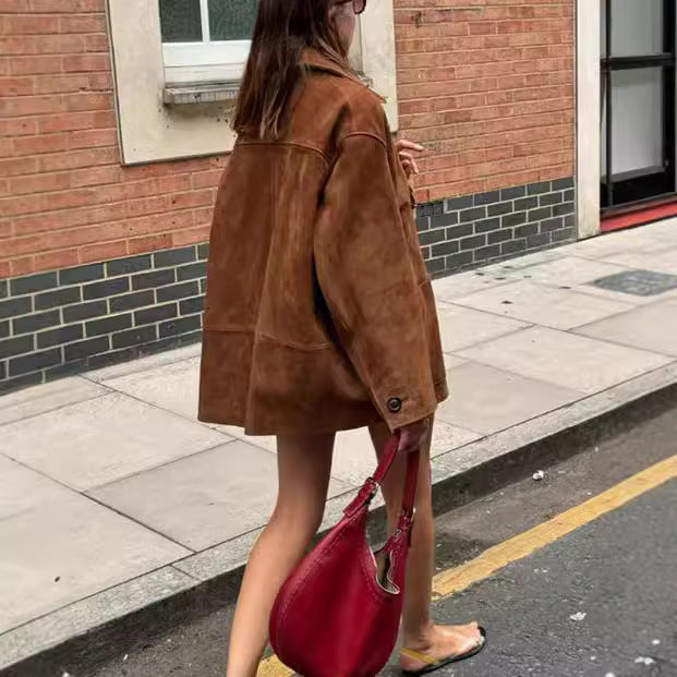Damen Oversized Wildlederjacke mit Knopfdetails Drune