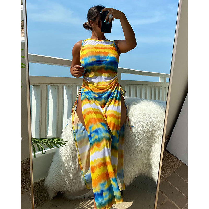 Damen Maxikleid mit modischem Wickeldesign und lebhaftem Tie-Dye-Muster Drune