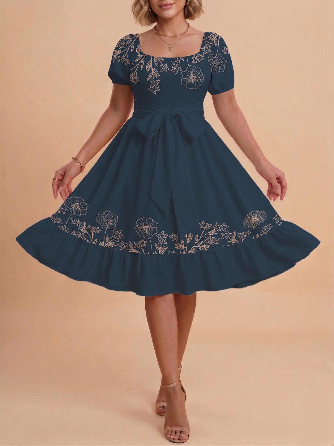 Damen A-Linien-Kleid mit floralen Motiven und taillierbarem Gürtel Drune