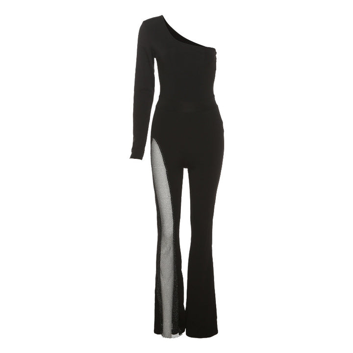 Damen figurbetontes Jumpsuit mit asymmetrischem Ausschnitt und netzseitigen Einsätzen Drune