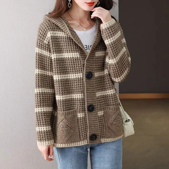Damen gestreifte Strickjacke mit Kapuze und großen Taschen Drune