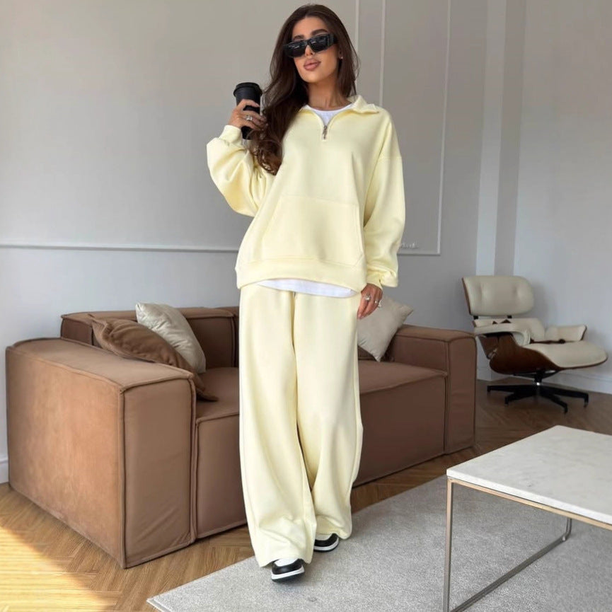 Damen nan weites Halfzip-Lounge-Set mit Kapuzenpullover, Kängurutasche und fließender Wide-Leg-Hose Drune