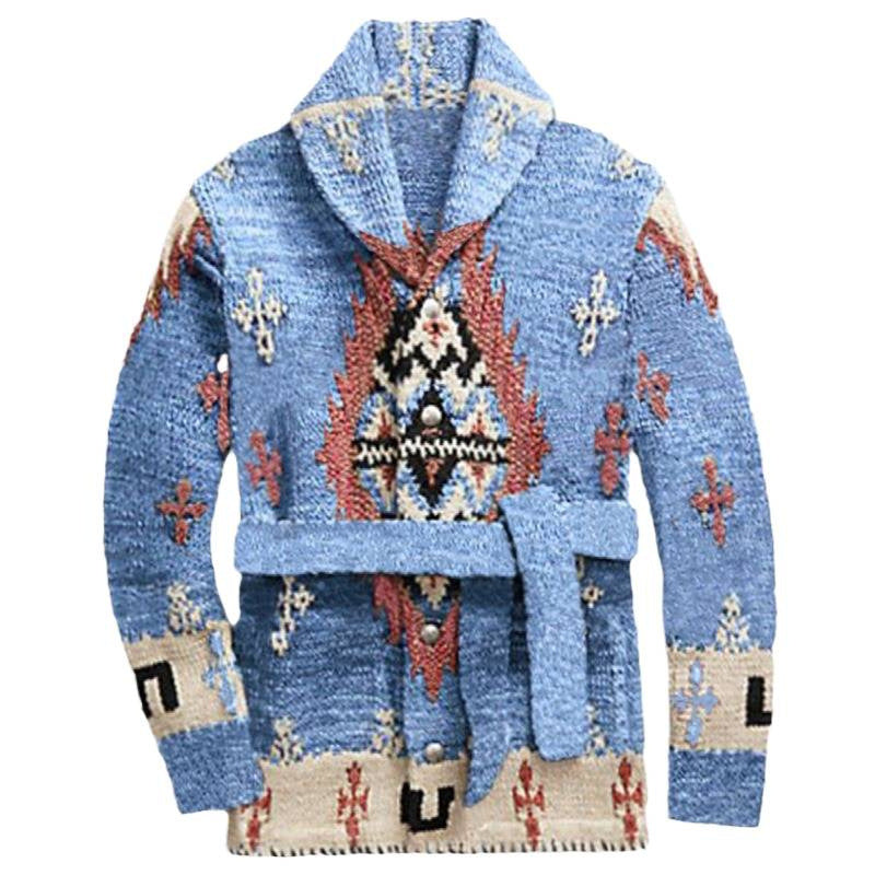 Damen gemütlicher Strickmantel mit dekorativem Muster und praktischem Gürtel Drune