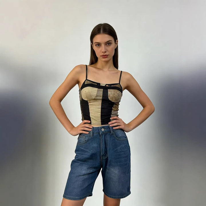 Damen figurbetontes Cropped Oberteil mit Stehkragen und kurzen Ärmeln Drune