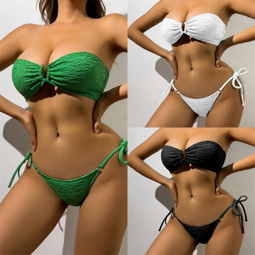 Damen Bandeau-Bikini mit modischem Rüschendesign und verstellbaren Bändern Drune