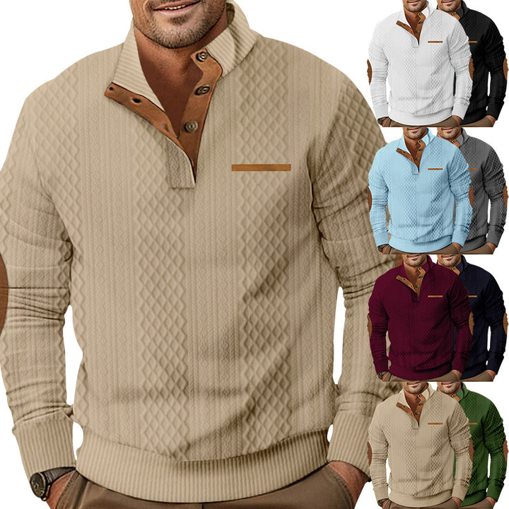 Herren nan strukturiertes Halbknopf-Pullover mit gesteppter Oberfläche, Ellbogen-Patches und Stehkragen Drune