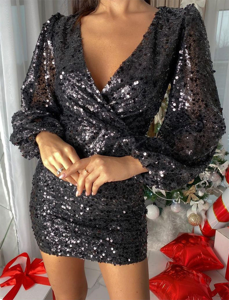 Damen Glitzerndes Partykleid mit voluminösen Ärmeln und tiefem V-Ausschnitt Drune