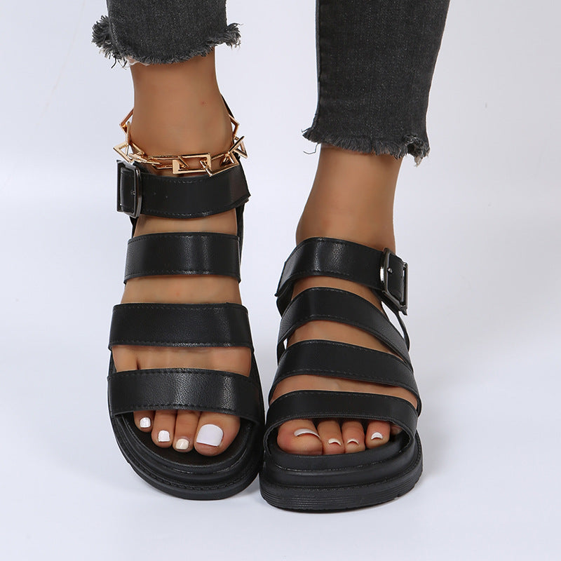 Damen  komfortable Gladiator‑Sandale mit extra gedämpftem Komfortfußbett, vier breiten Riemen und verstellbarer Metallschnalle Drune