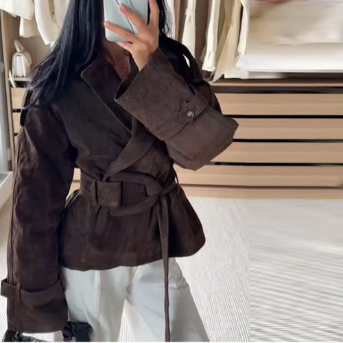 Damen Kunstlederjacke mit modischem Wickeldesign und breiten Ärmeln Drune