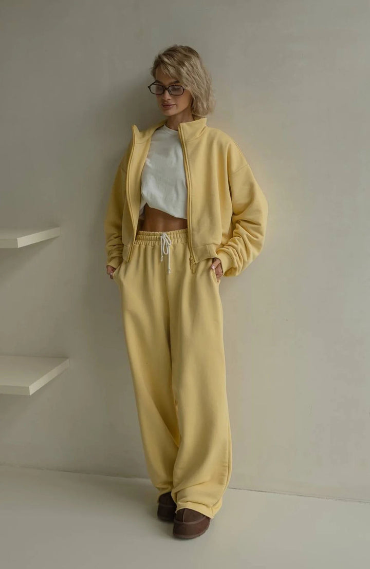 Damen lässiger Freizeitanzug mit cropped Jacke und bequemen Weitbeinen Drune