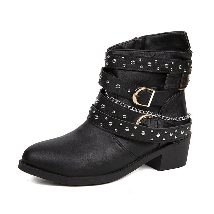 Damen nan knöchelhohe Biker-Stiefelette mit Nietenriemen, Ketten- und Dornschließen-Details Drune