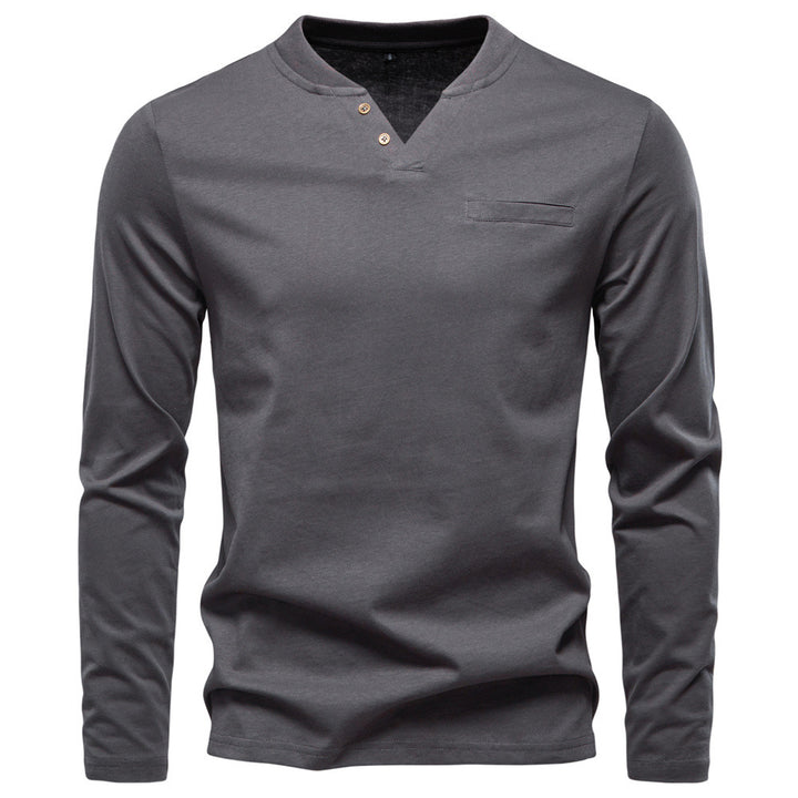 Herren nan tailliertes Langarmshirt im Henley-Stil mit kurzem V-Ausschnitt, Zierknöpfen und Brustleistentasche Drune