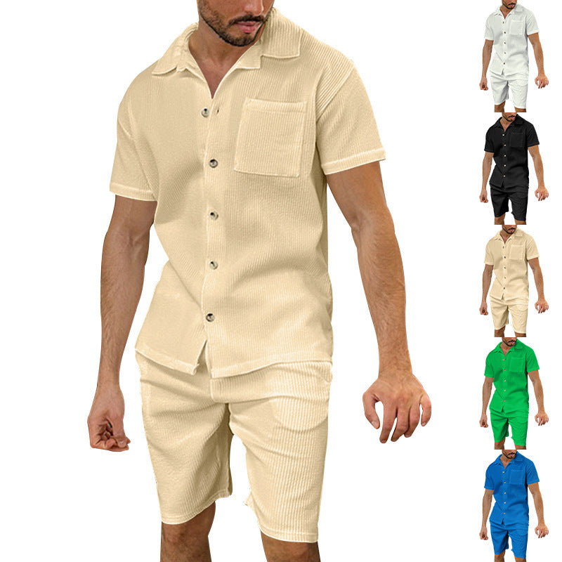 Herren nan lässiges zweiteiliges Freizeitset aus geripptem Jersey mit Hemdkragen Knopfleiste und Shorts Drune