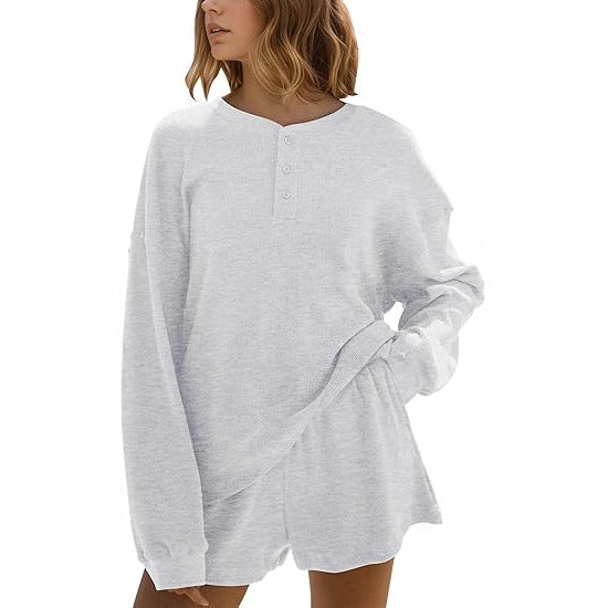 Damen lässiger Langarm-Hemdchen Pullover mit Knopfdetails Drune