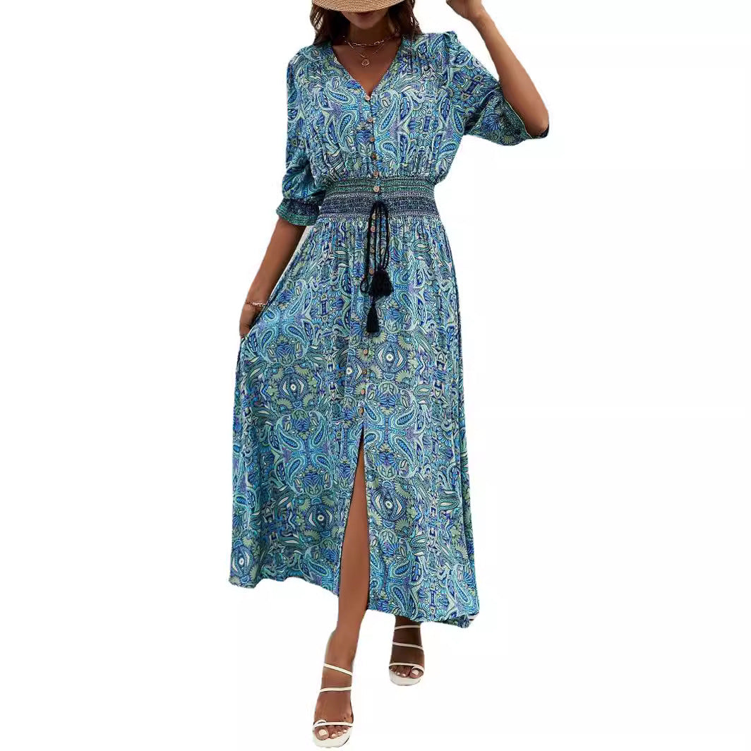 Damen Maxikleid mit abnehmbarem Taillengürtel und kunstvollem Muster Drune
