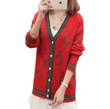 Damen Strickjacke mit tiefem V-Ausschnitt und bunten grafischen Mustern Drune