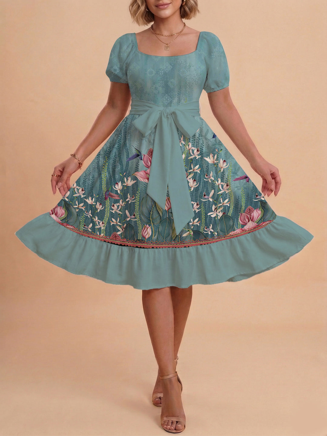 Damen schickes Glitzerkleid mit tailliertem Schnitt und Rüschensaum Drune