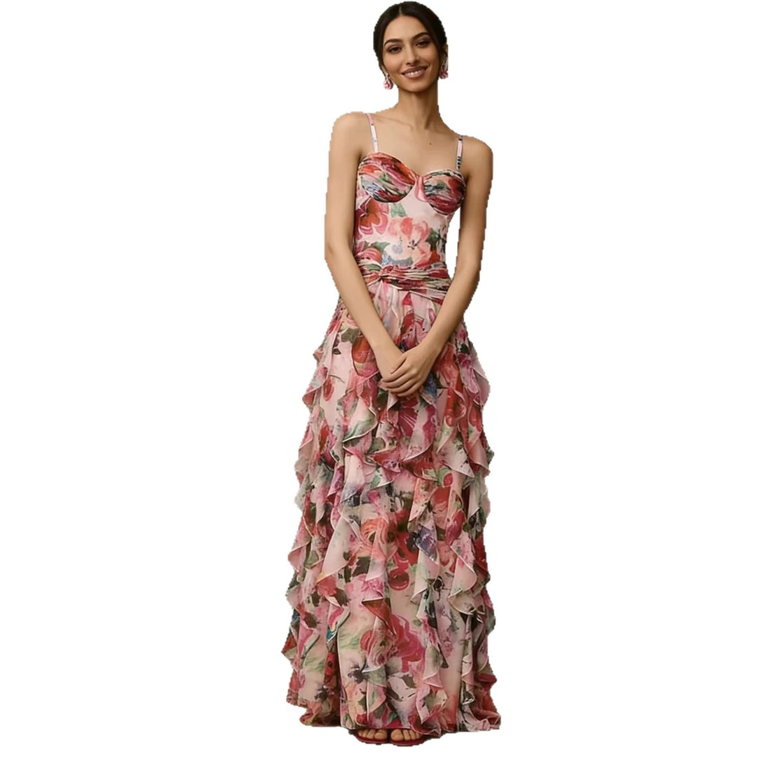 Damen Maxikleid mit floralen Rüschen und trägerlosem Oberteil Drune