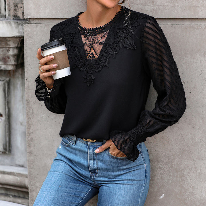 Damen elegante Bluse mit den mit Spitze verzierten Ärmeln Drune