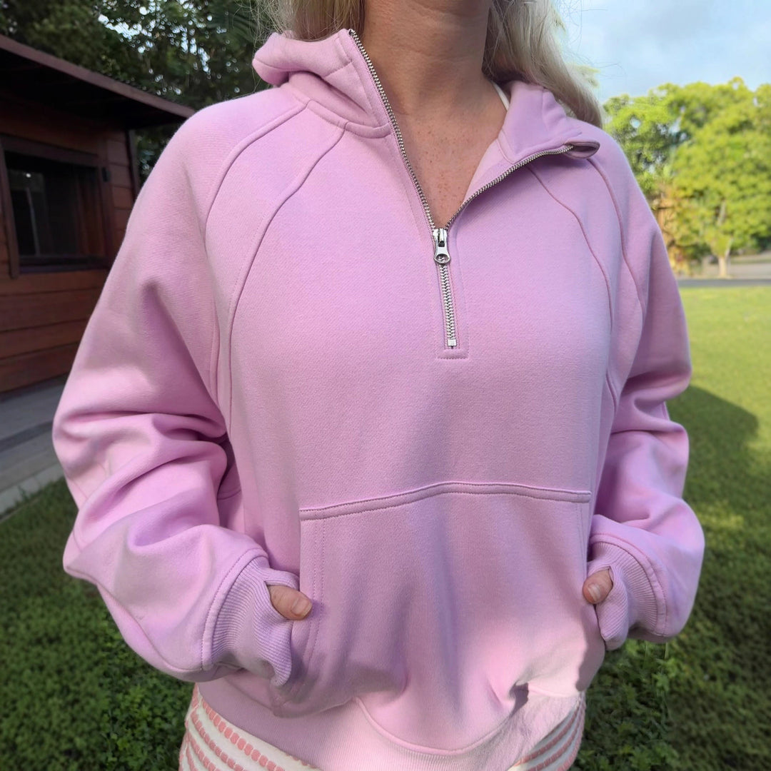 Damen Oversized Hoodie mit kurzem Reißverschluss und Kängurutasche Drune