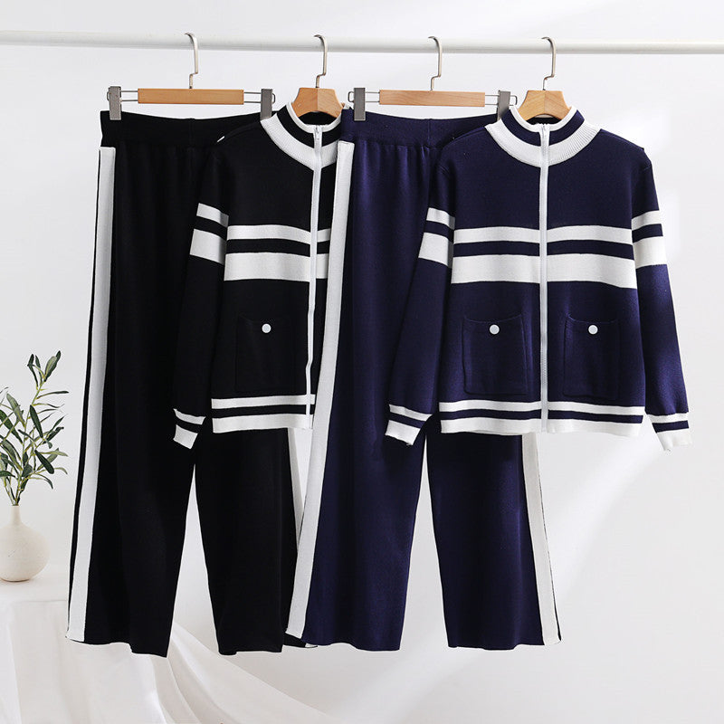 Damen sportliches Strick-Loungewear-Set mit geripptem Design und praktischen Taschen Drune