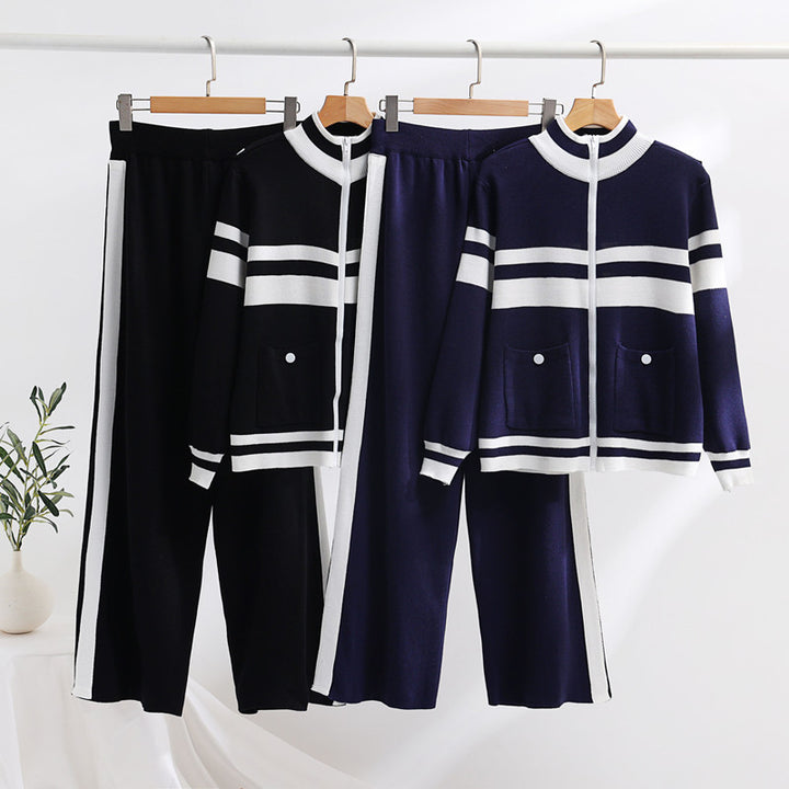 Damen sportliches Strick-Loungewear-Set mit geripptem Design und praktischen Taschen Drune