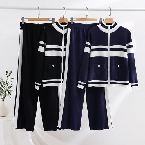 Damen sportliches Strick-Loungewear-Set mit geripptem Design und praktischen Taschen Drune